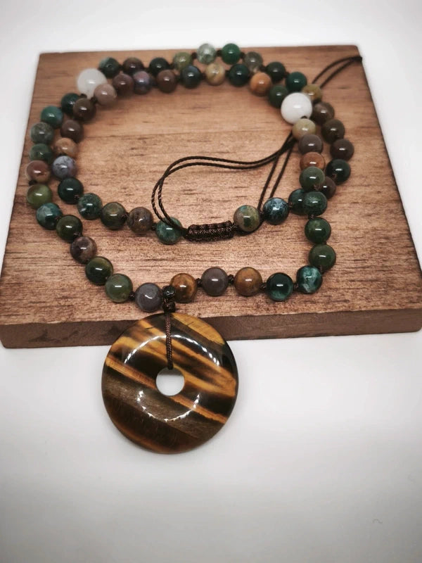 Collier agate indienne et pendentif œil de tigre