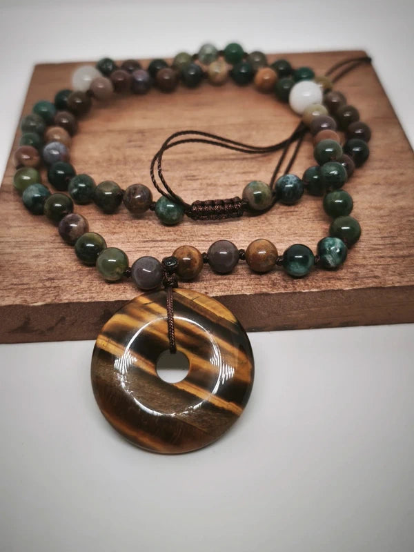 Collier agate indienne et pendentif œil de tigre