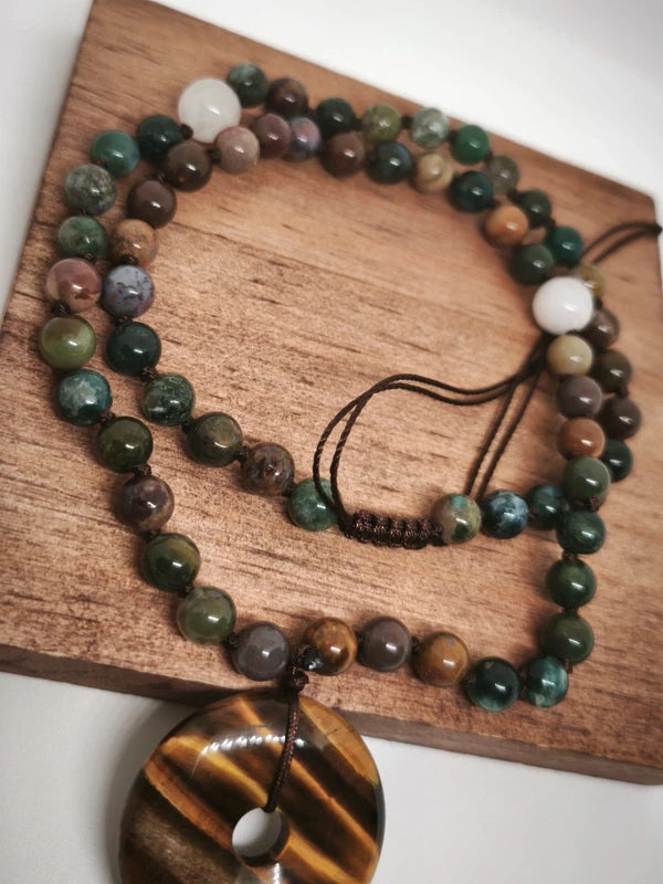 Collier agate indienne et pendentif œil de tigre