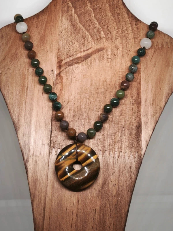 Collier agate indienne et pendentif œil de tigre