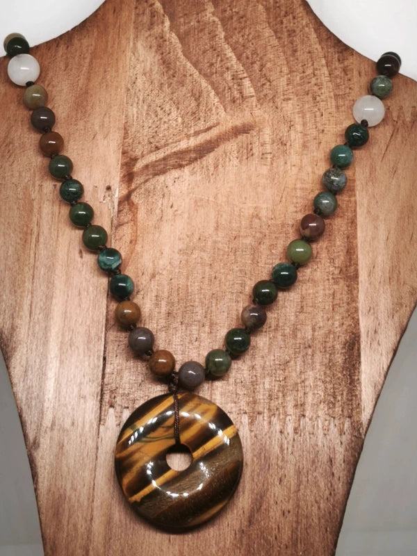 Collier agate indienne et pendentif œil de tigre