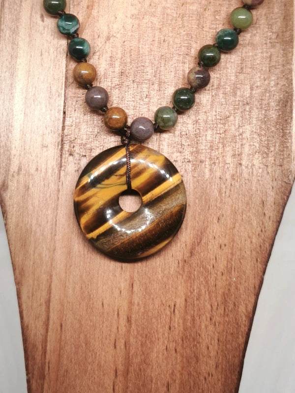 Collier agate indienne et pendentif œil de tigre