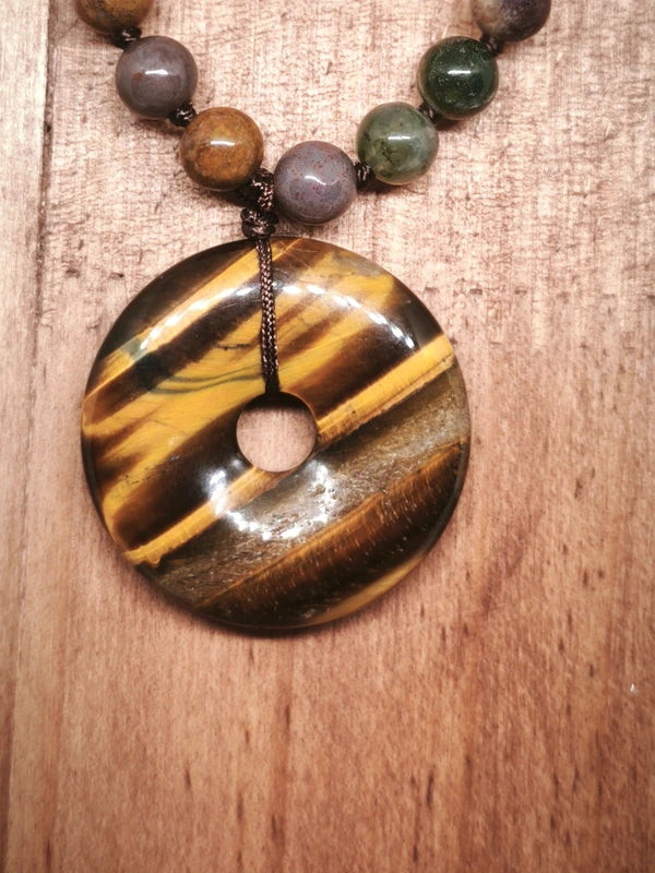 Collier agate indienne et pendentif œil de tigre