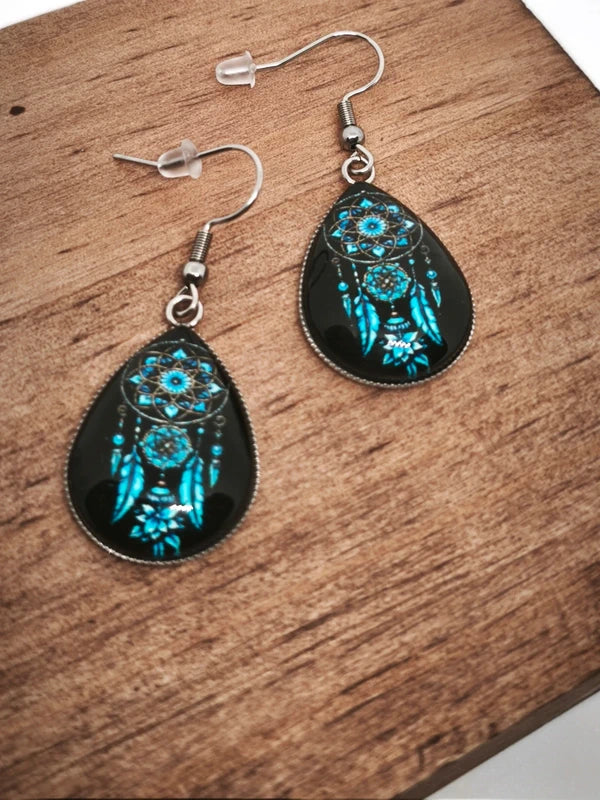 Boucles d'oreilles attrape rêve en verre et acier inoxydable