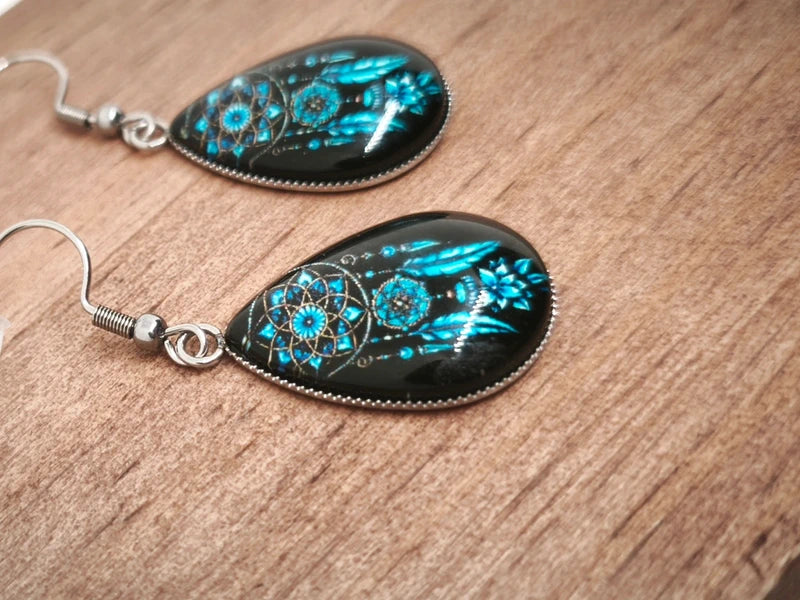 Boucles d'oreilles attrape rêve en verre et acier inoxydable