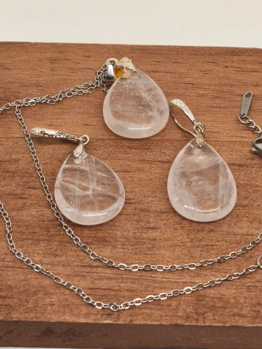Collier et boucles d'oreilles en cristal de roche craquelé