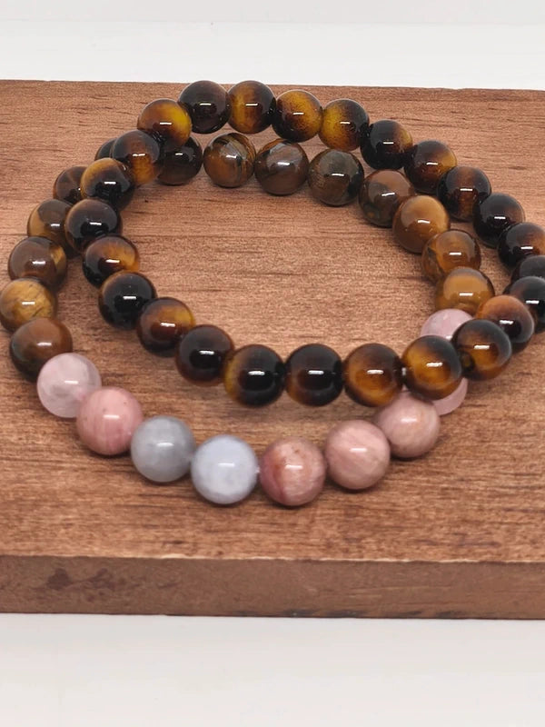 Bracelets oeil de tigre, quartz rose, rhodonite et aigue-marine 8mm