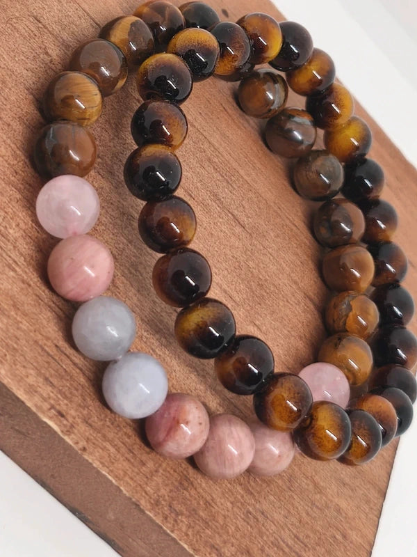 Bracelets oeil de tigre, quartz rose, rhodonite et aigue-marine 8mm