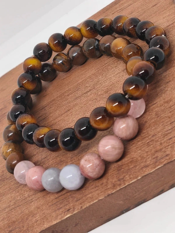 Bracelets oeil de tigre, quartz rose, rhodonite et aigue-marine 8mm