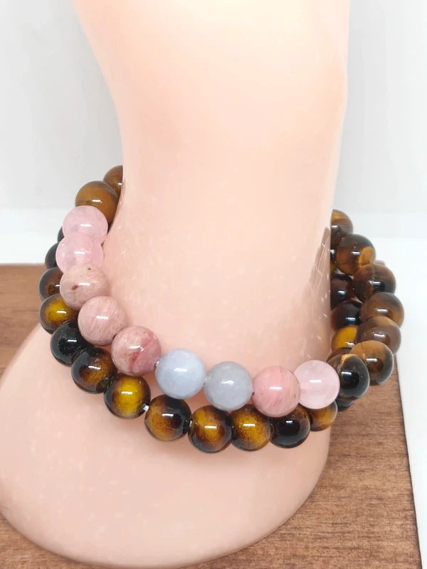 Bracelets oeil de tigre, quartz rose, rhodonite et aigue-marine 8mm