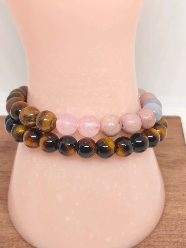 Bracelets oeil de tigre, quartz rose, rhodonite et aigue-marine 8mm