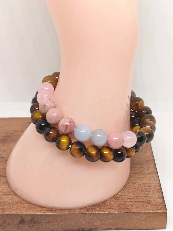 Bracelets oeil de tigre, quartz rose, rhodonite et aigue-marine 8mm