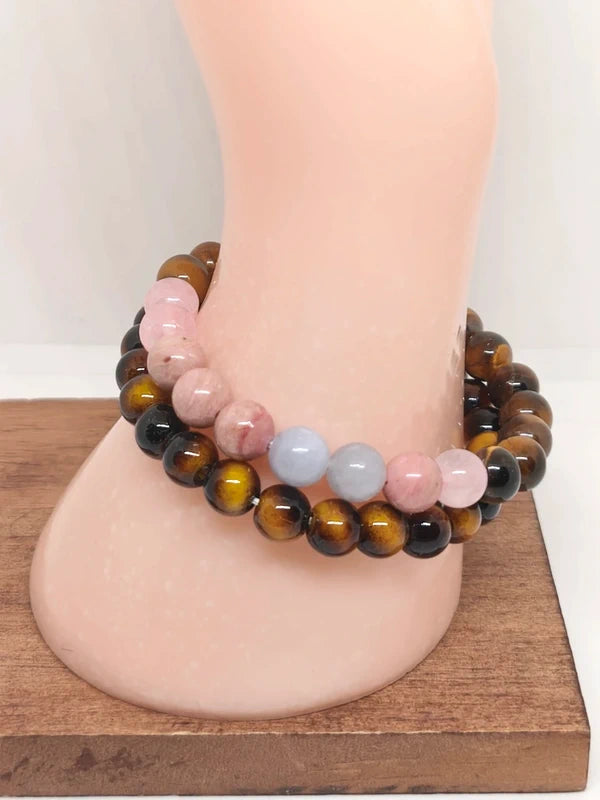 Bracelets oeil de tigre, quartz rose, rhodonite et aigue-marine 8mm