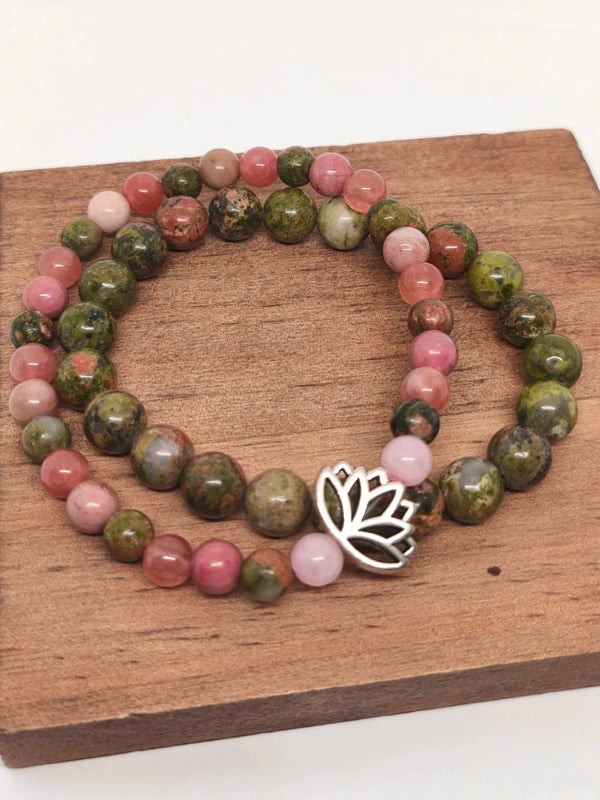 Bracelets en unakite, quartz fraise et rhodonite