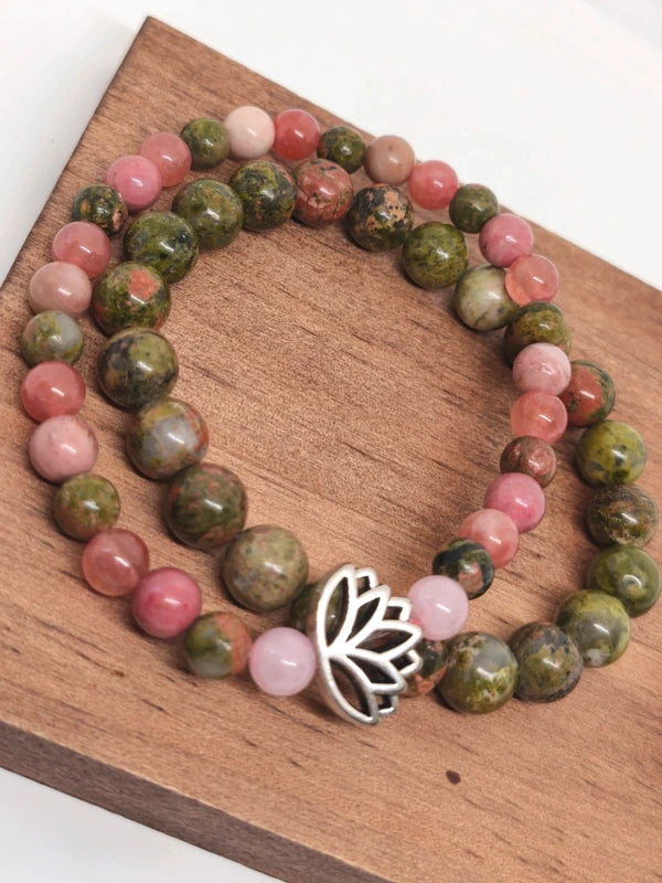 Bracelets en unakite, quartz fraise et rhodonite