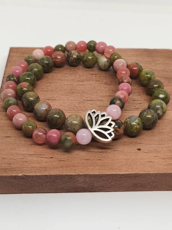 Bracelets en unakite, quartz fraise et rhodonite