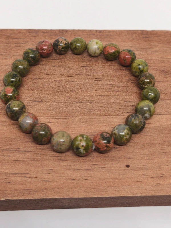 Bracelets en unakite, quartz fraise et rhodonite