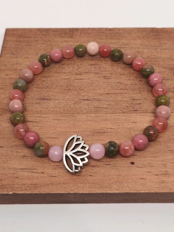 Bracelets en unakite, quartz fraise et rhodonite