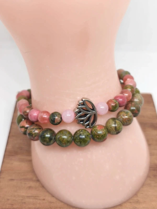 Bracelets en unakite, quartz fraise et rhodonite