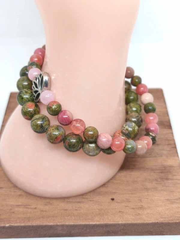 Bracelets en unakite, quartz fraise et rhodonite