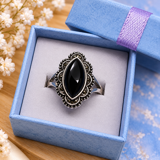 Bague en argent sterling et agate noire 17mm