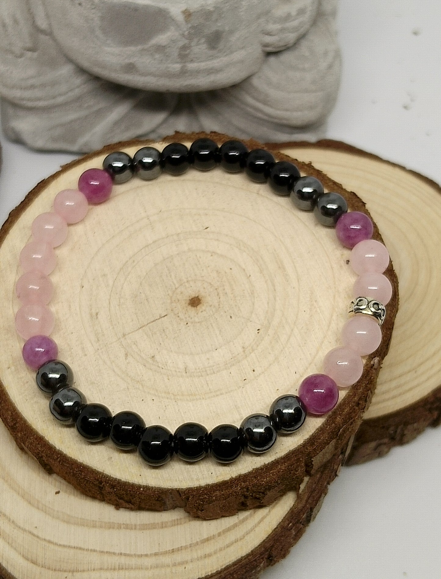 Bracelet tourmaline, quartz rose, hématite, jade rose