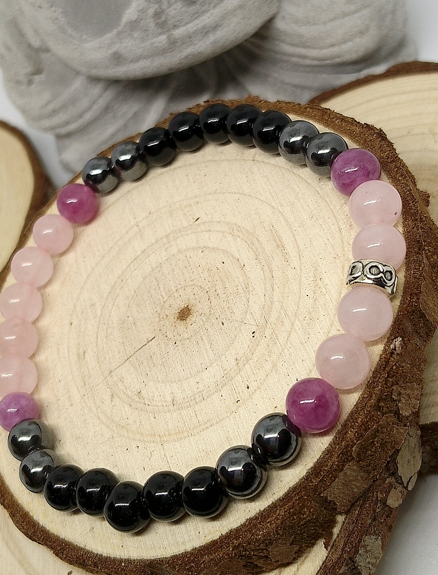 Bracelet tourmaline, quartz rose, hématite, jade rose