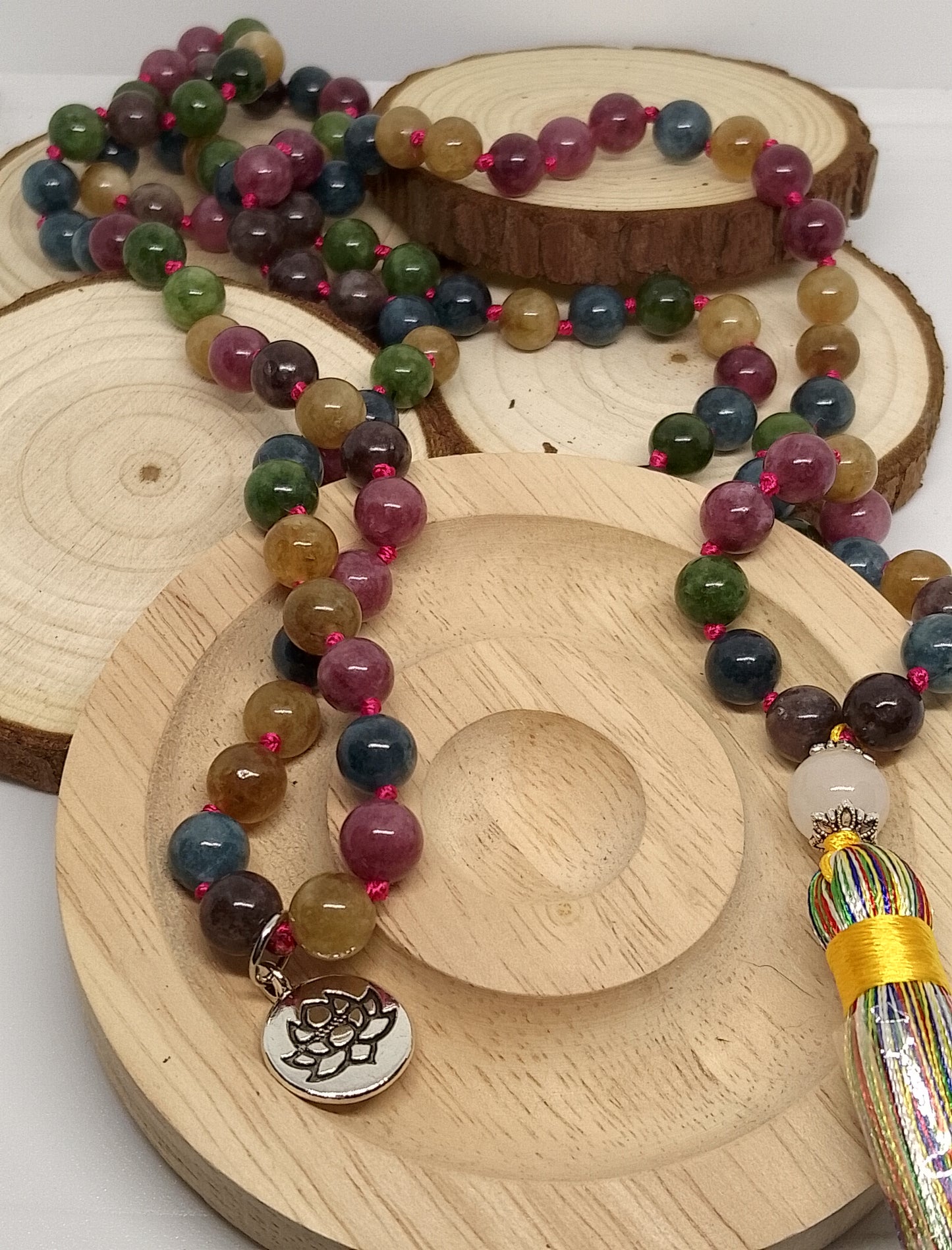 Collier Mala et bracelet en tourmaline colorée