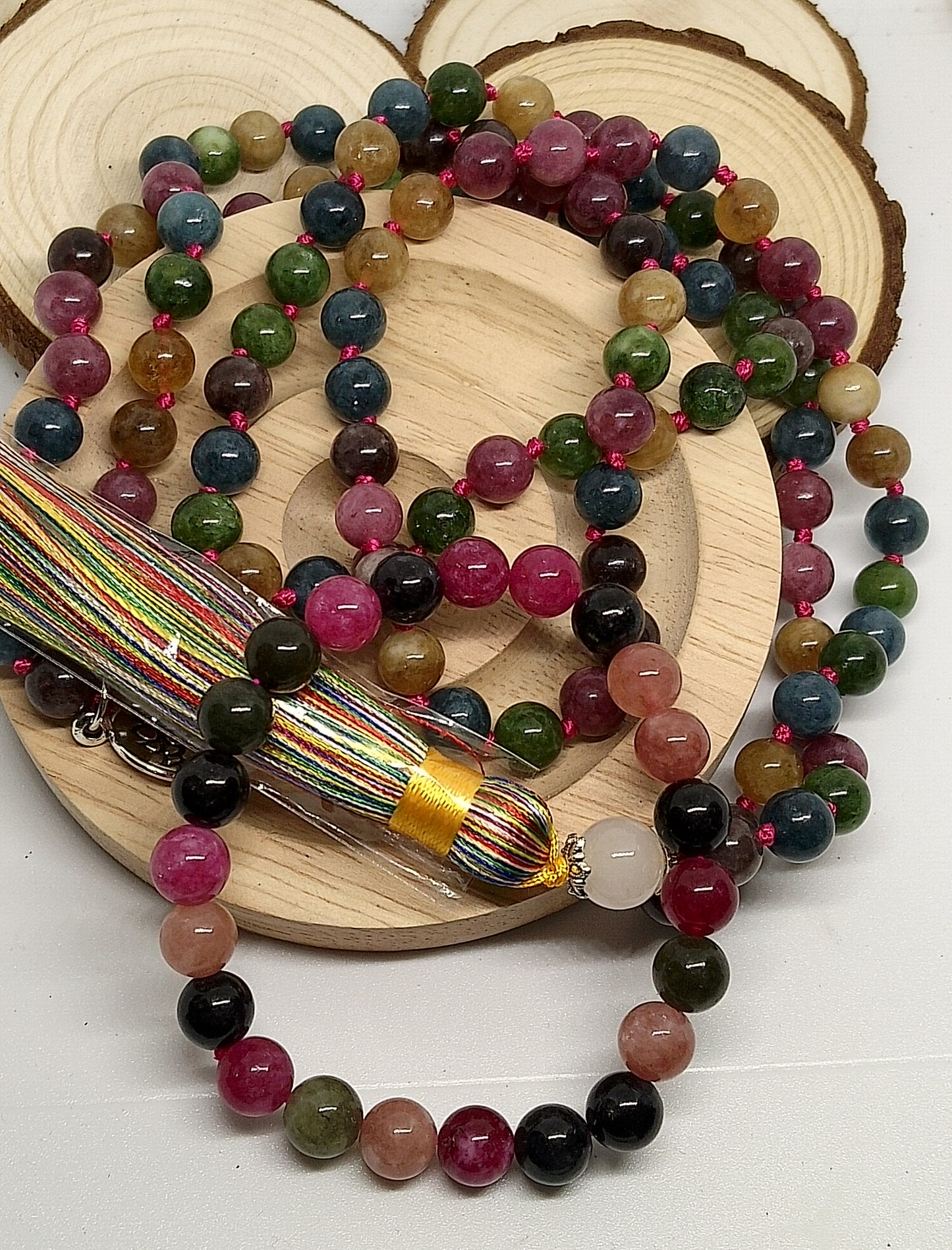 Collier Mala et bracelet en tourmaline colorée