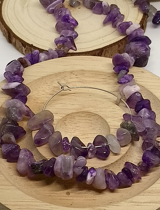 Collier et boucles d'oreilles en chips de pierre + bague offerte