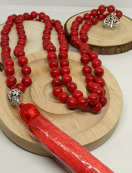 Collier mala en howlite rouge