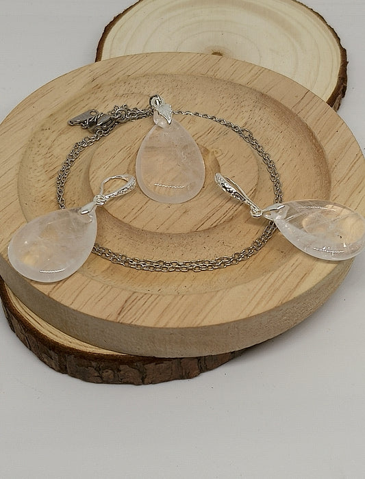 Collier et boucles d'oreilles gouttes en quartz blanc