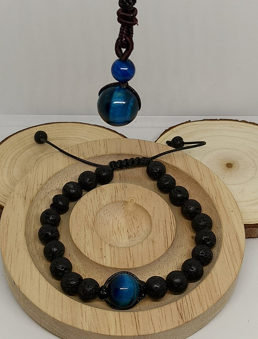 Collier et bracelet en oeil de tigre bleu