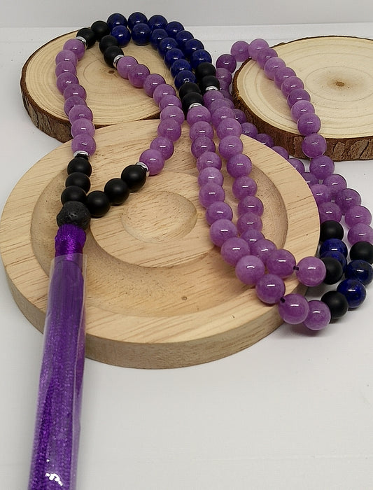 collier mala en améthyste, lapis lazuli et tourmaline noire