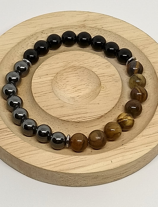 Bracelet triple protection en onyx noire, oeil de tigre, hématite 8mm
