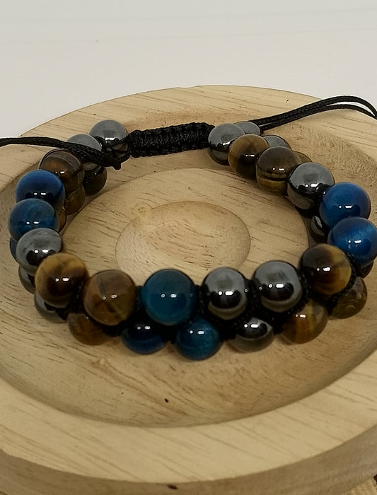 Bracelet neuf en perles de 8mm d'oeil de tigre bleue, marron, hématite
