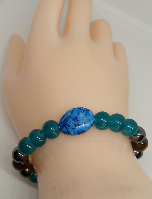 Bracelet en agate bleue, oeil de tigre et d'hématite 8mm