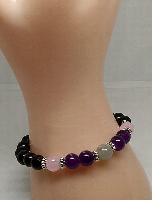 Bracelet multipermes en onyx, améthyste, quartz rose et labradorite 8mm