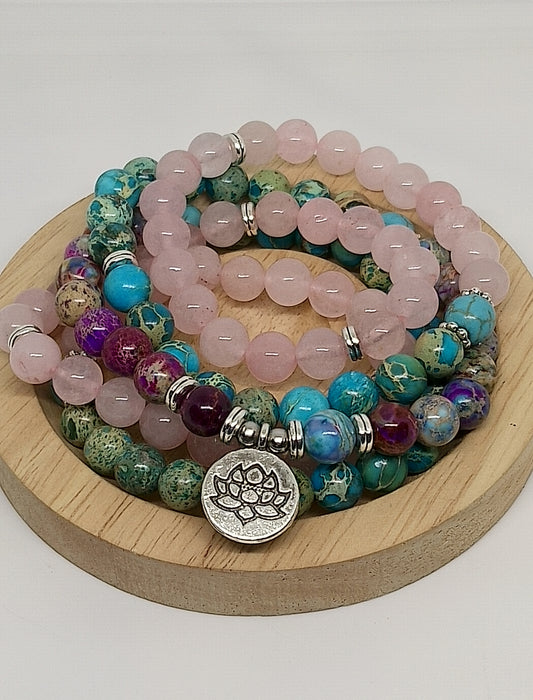 Collier Mala en jaspe impérial et quartz rose 8mm