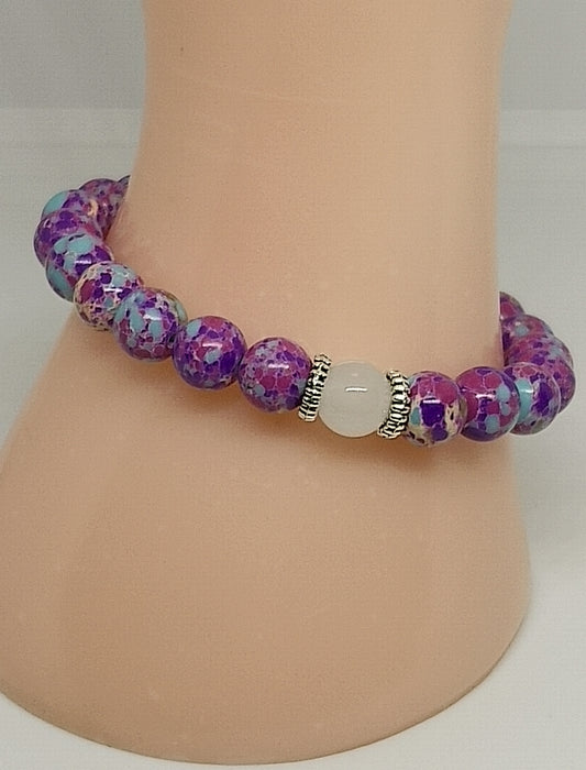 Bracelet en perles de jaspe impérial violet, quartz blanc 8mm