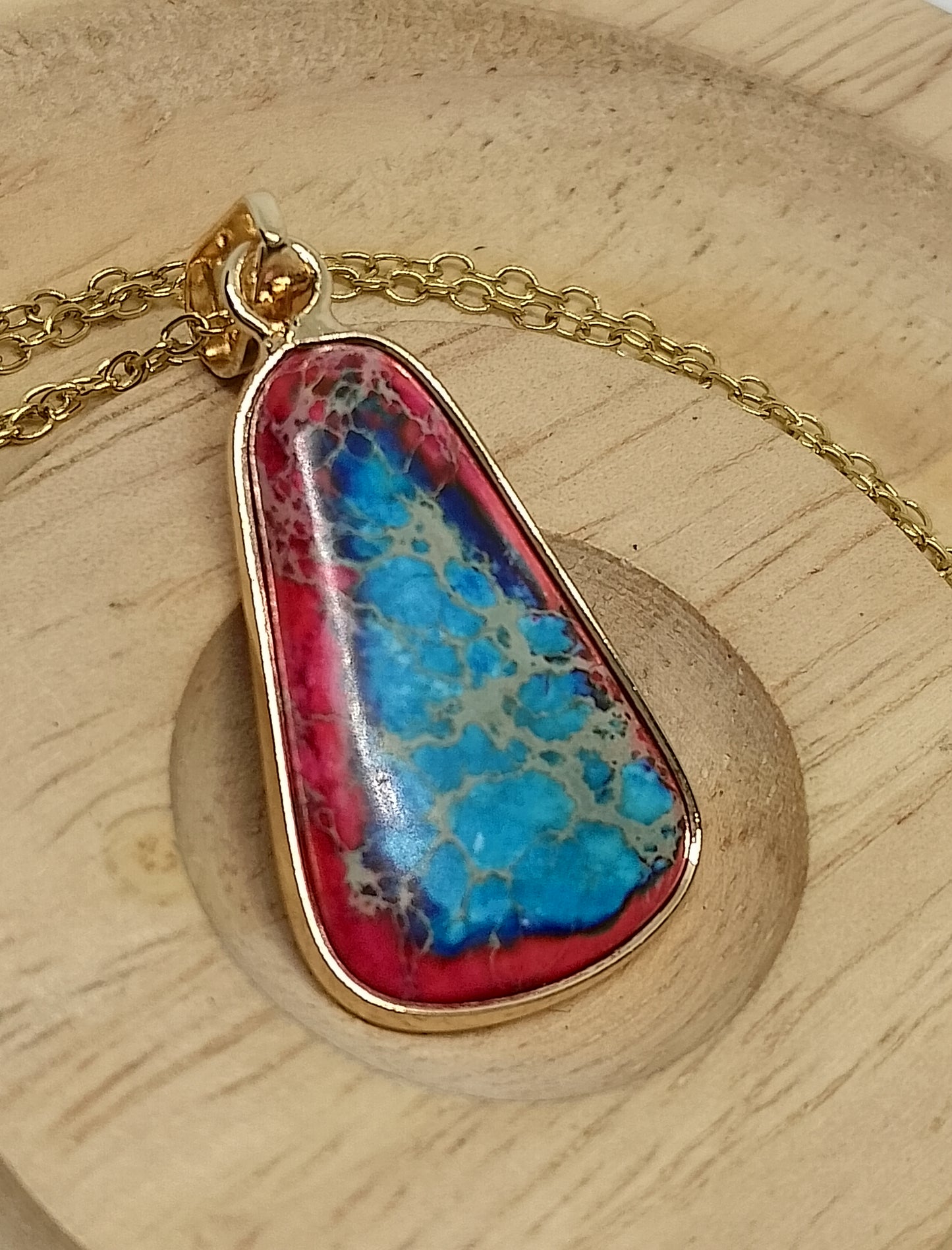 Collier en jaspe impérial rouge, turquoise et acier inoxydable