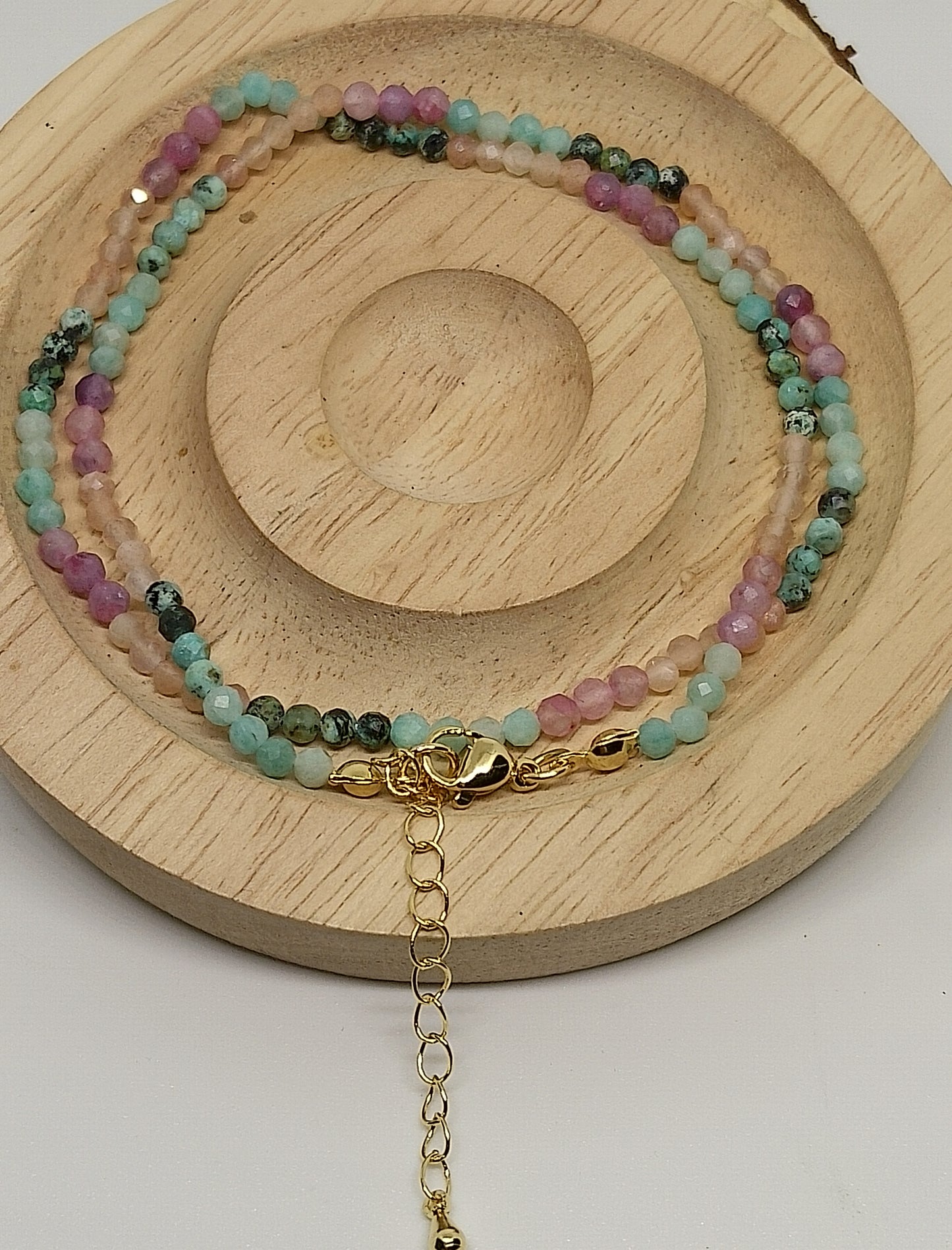 Collier en perles facettes d'améthyste, aventurine, quartz rose, turquoise africaine 2mm