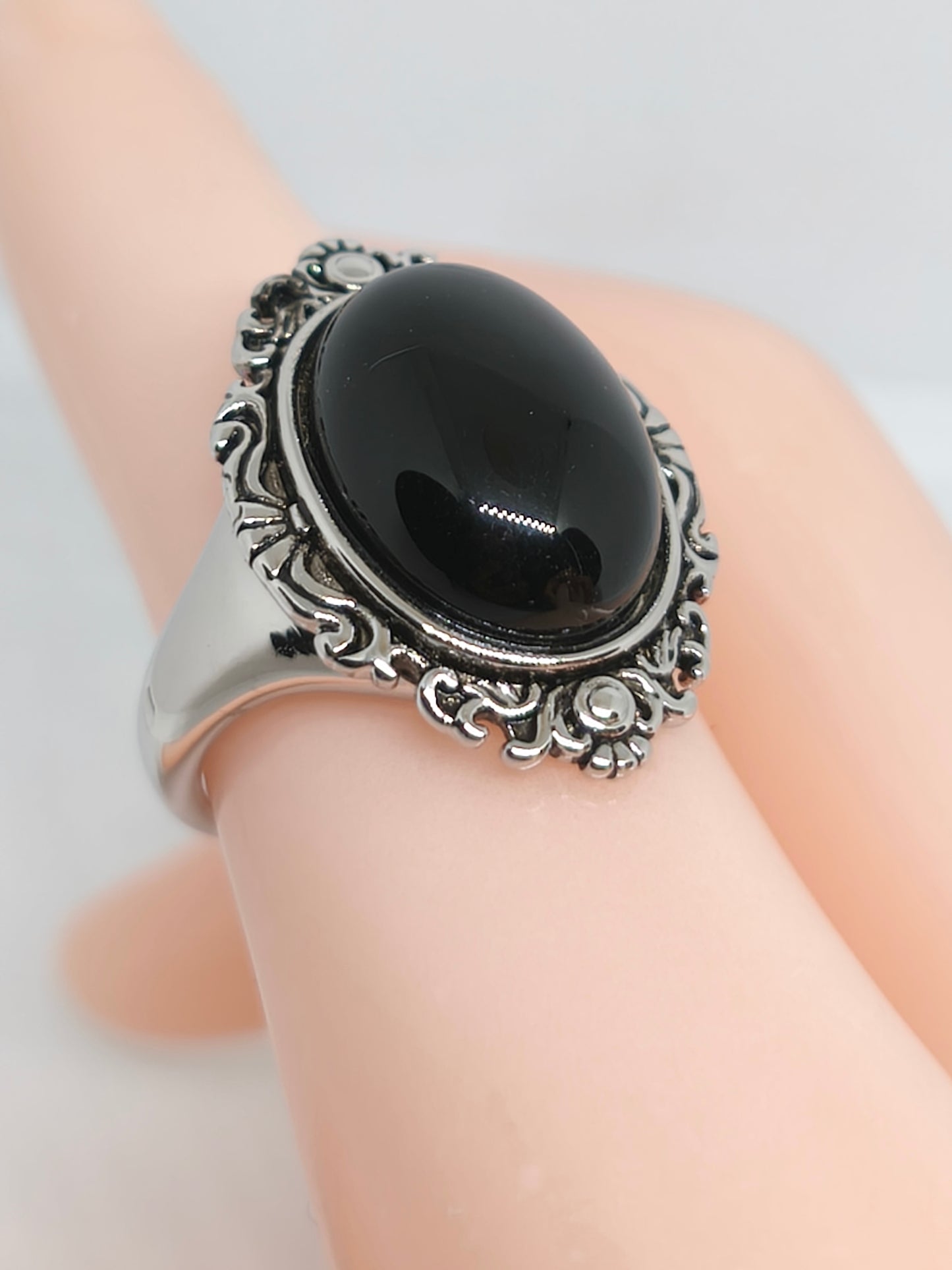 Bague en argent sterling et pierre d'agate noire 17mm