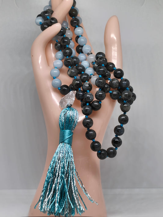 Collier Mala en aigue marine, labradorite et quartz blanc