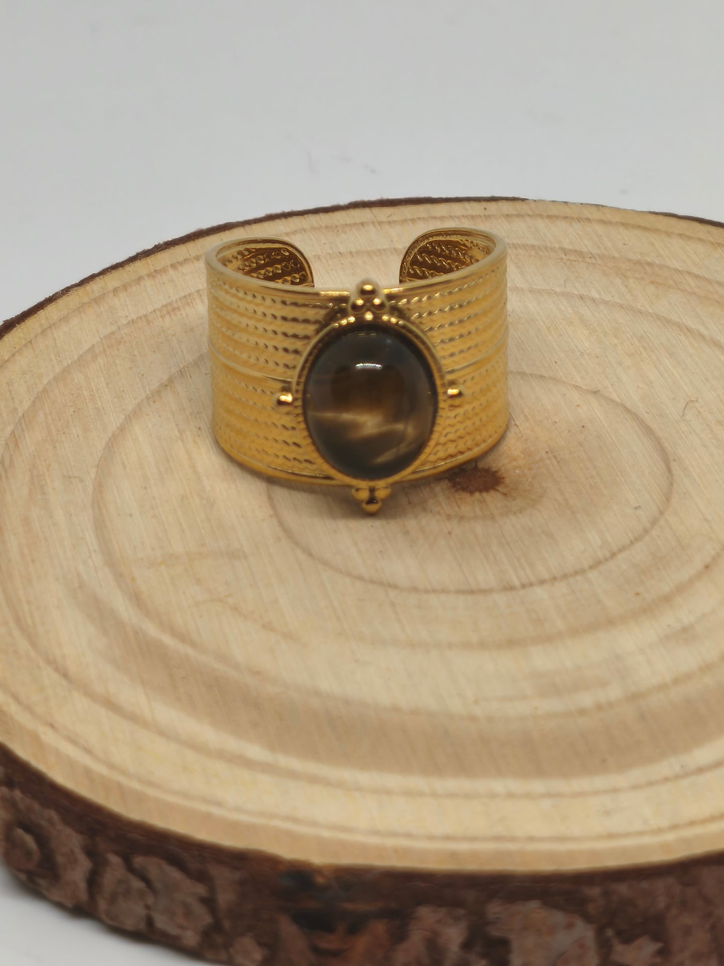 Bague neuve en acier inoxydable et oeil de tigre 18mm