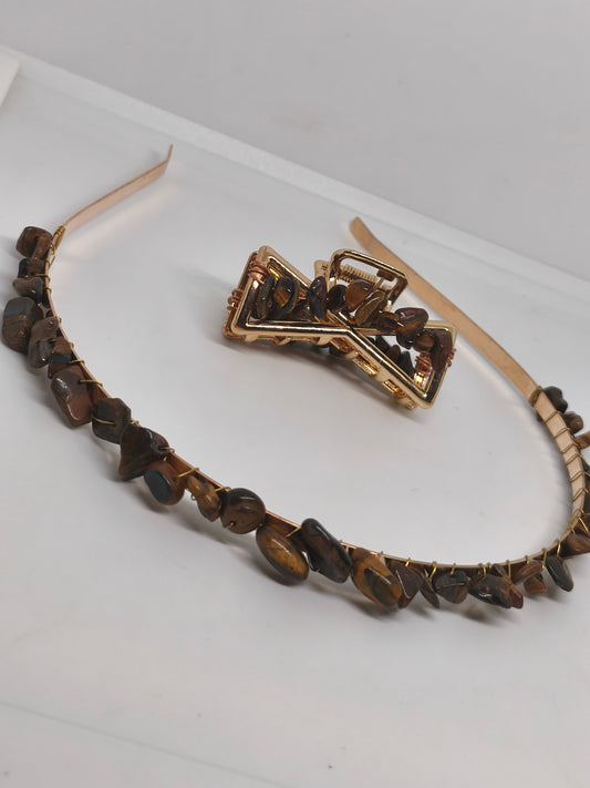 Diadème et pince en acier et chips de pierre d'oeil de tigre