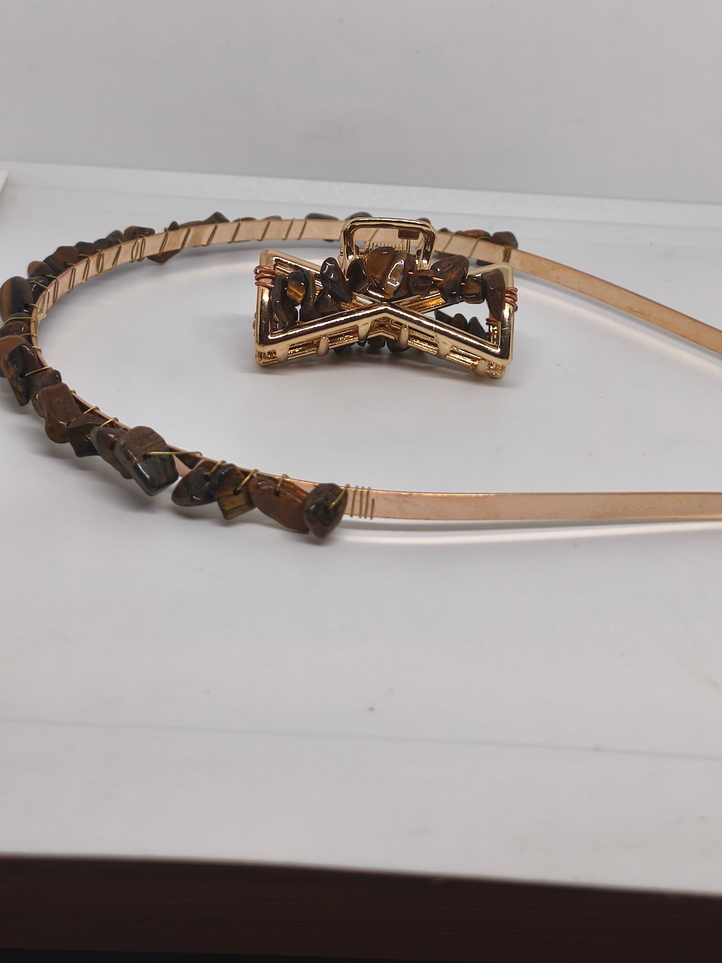 Diadème et pince en acier et chips de pierre d'oeil de tigre