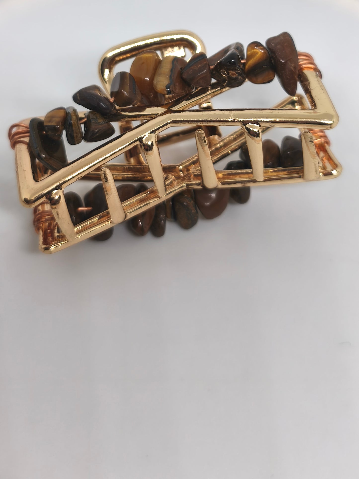 Diadème et pince en acier et chips de pierre d'oeil de tigre