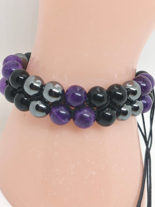 Bracelet en améthyste, hématite et onyx noire 8mm