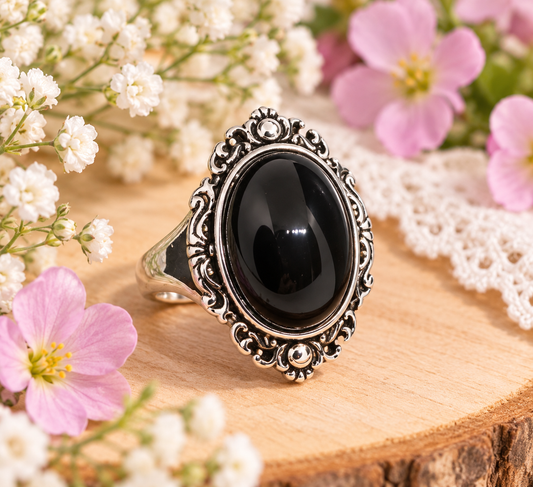 Bague en argent sterling et pierre d'agate noire 17mm